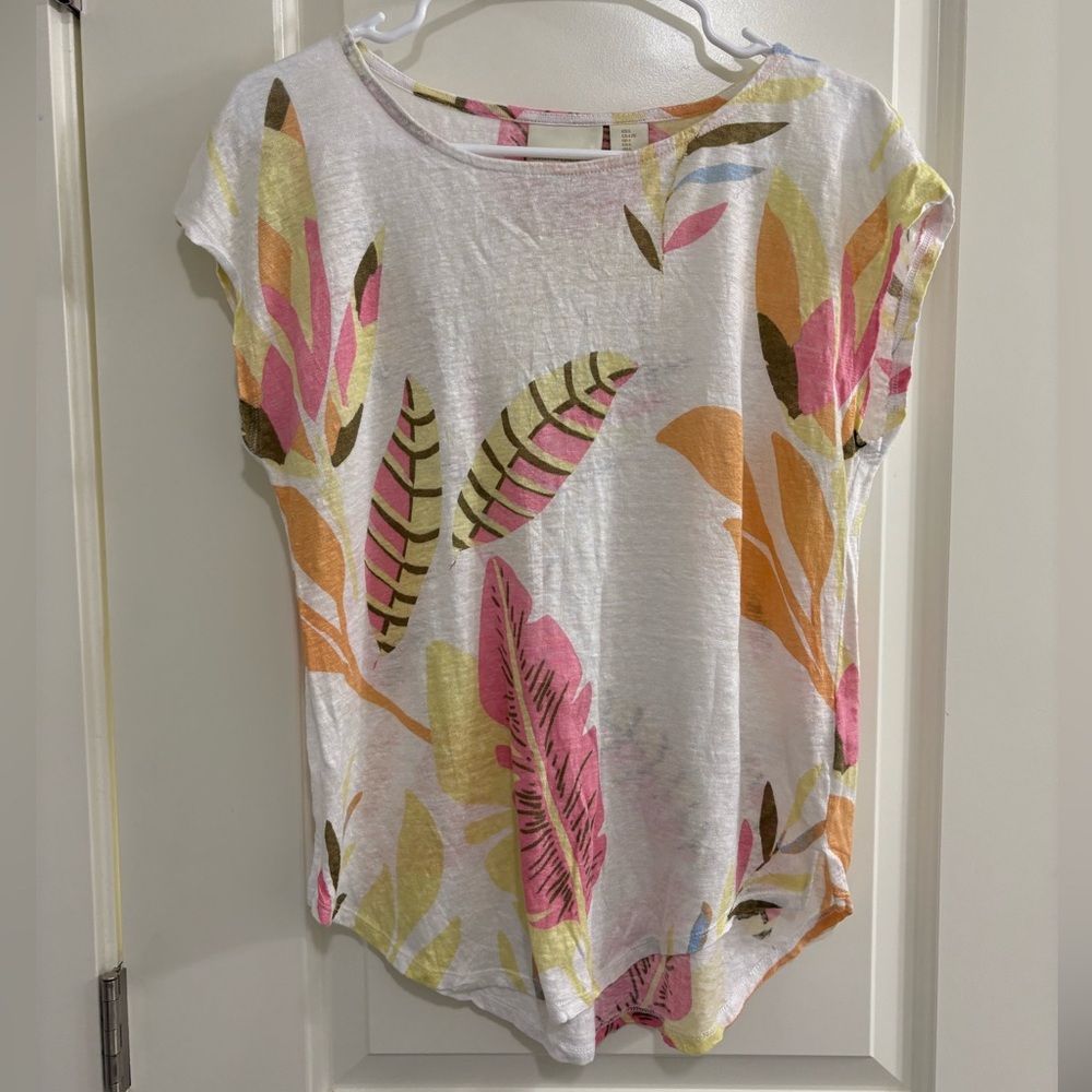 Cynthia Rowley Linen Multicolor Floral Leaf Print Short Sleeve Top
